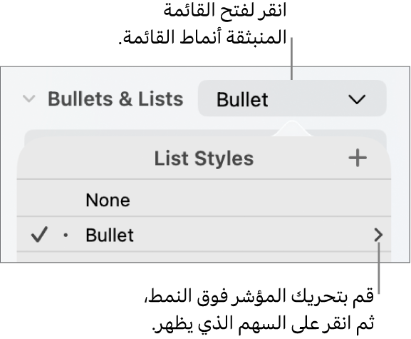 القائمة المنبثقة "أنماط القائمة" بها نمط واحد محدد وسهم على أقصى يساره.
