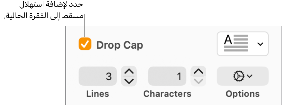 خانة اختيار الحرف الاستهلالي الكبير محددة، وتظهر قائمة منبثقة على يسارها؛ تظهر عناصر التحكم لإعداد ارتفاع السطر وعدد الأحرف والخيارات الأخرى أسفلها.