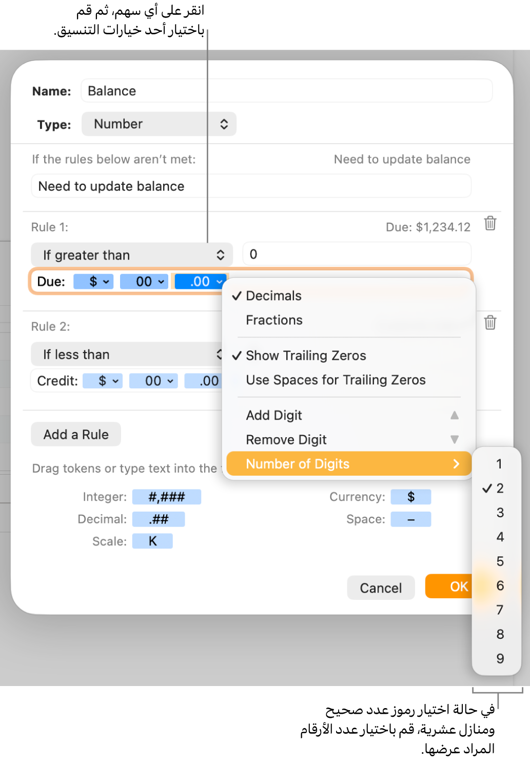 نافذة تنسيق خلية مخصصة مع عناصر التحكم لاختيار خيارات التنسيق المخصص.