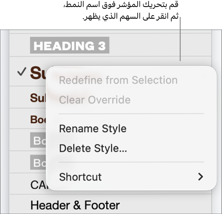 قائمة أنماط الفقرة مع قائمة الاختصارات مفتوحة.