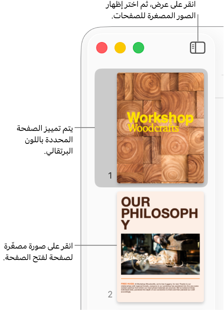 الشريط الجانبي على الجانب الأيمن من نافذة Pages وبه عرض الصور المصغرة للصفحات مفتوح مع صفحة محددة مميزة باللون البرتقالي الداكن.