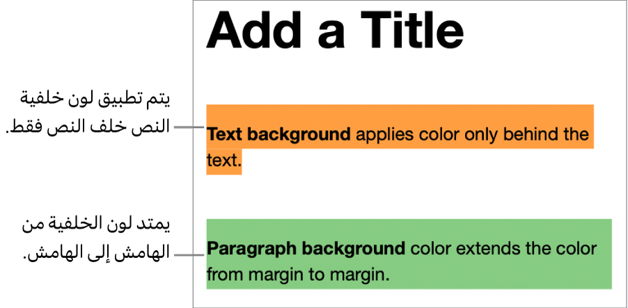 إحدى الفقرات بلون خلف النص فقط، وفقرة ثانية بلون خلفها يمتد من الهامش إلى الهامش ككتلة.