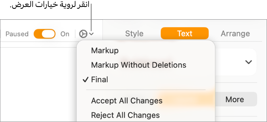 تُظهر قائمة خيارات المراجعة "توصيف" و"علامة دون محذوفات" و"النهائي".