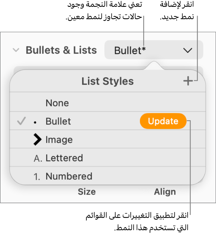القائمة المنبثقة أنماط القائمة وتعرض علامة نجمية تشير إلى تجاوز ووسائل شرح لزر نمط جديد، وقائمة فرعية بخيارات لإدارة الأنماط.