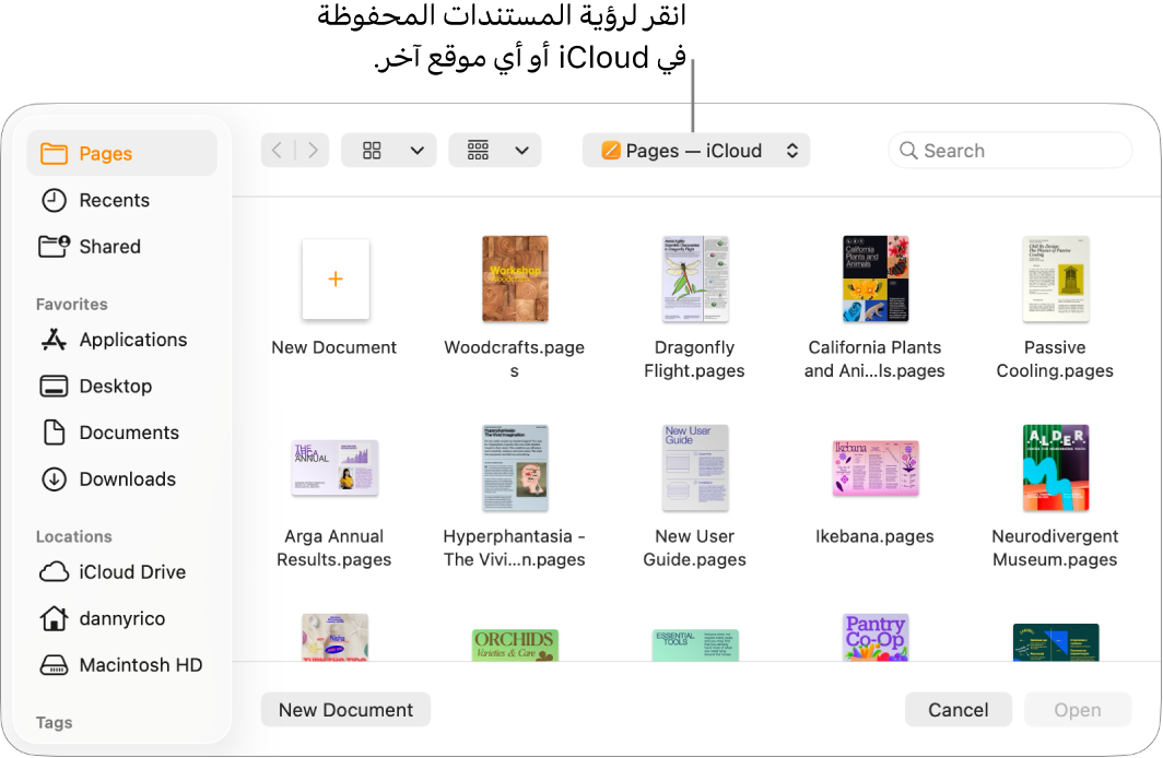 مربع الحوار "فتح" مع وجود الشريط الجانبي مفتوحًا على اليمين وiCloud Drive محددًا في القائمة المنبثقة بالأعلى. يظهر مجلد Pages في مربع الحوار، إلى جانب زر "مستند جديد".