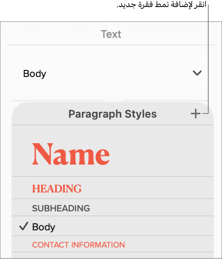 قائمة أنماط الفقرة مع وسيلة شرح للزر نمط جديد.