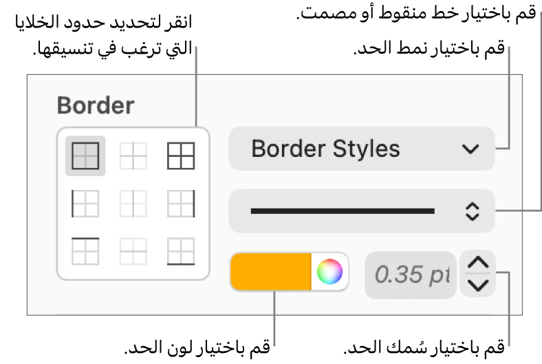 عناصر التحكم الخاصة بتطبيق أنماط حدود الخلايا.