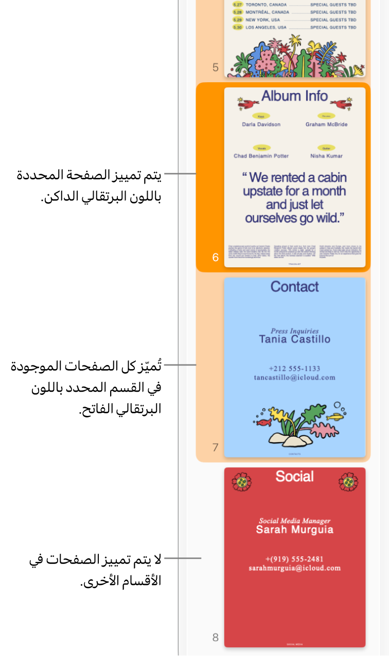 الشريط الجانبي "عرض الصور المصغرة" وبه الصفحة المحددة مميزة باللون البرتقالي الداكن وجميع الصفحات في القسم المحدد مميزة باللون البرتقالي الفاتح.