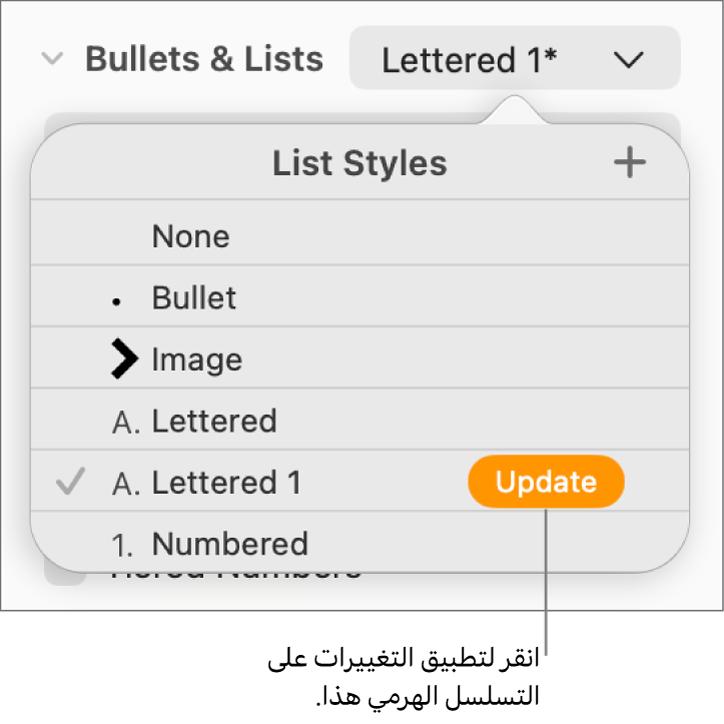 القائمة المنبثقة أنماط القائمة بها زر تحديث بجوار اسم النمط الجديد.