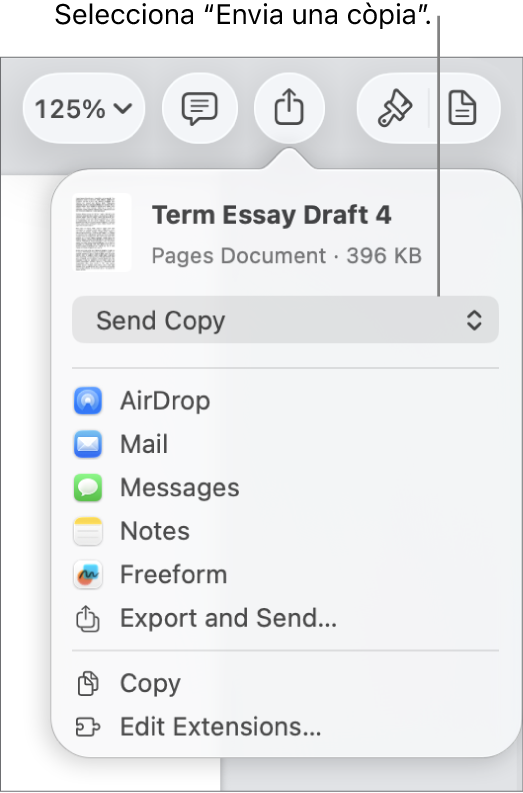 Menú “Comparteix” amb l’opció “Envia una còpia” seleccionada a la part superior.