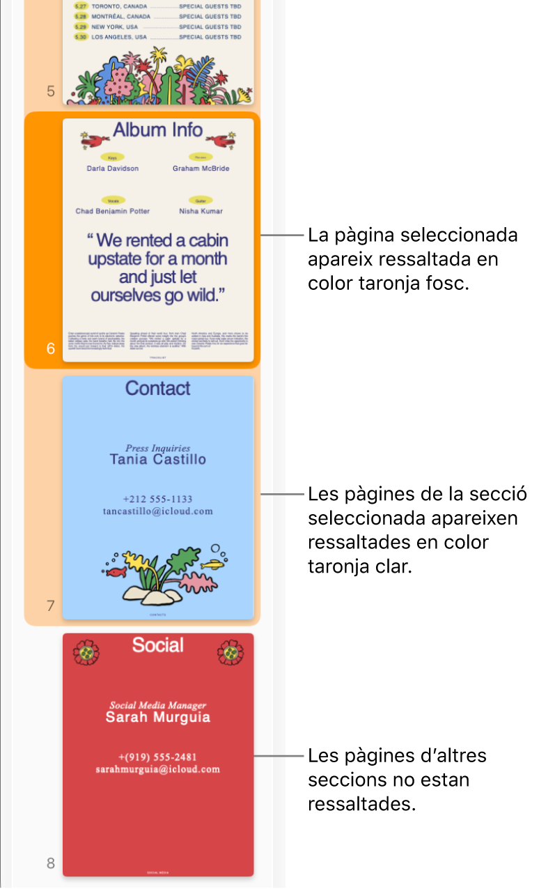 La barra lateral “Vista de miniatures” amb la pàgina seleccionada ressaltada en taronja fosc i totes les pàgines de la secció seleccionada ressaltades en taronja clar.