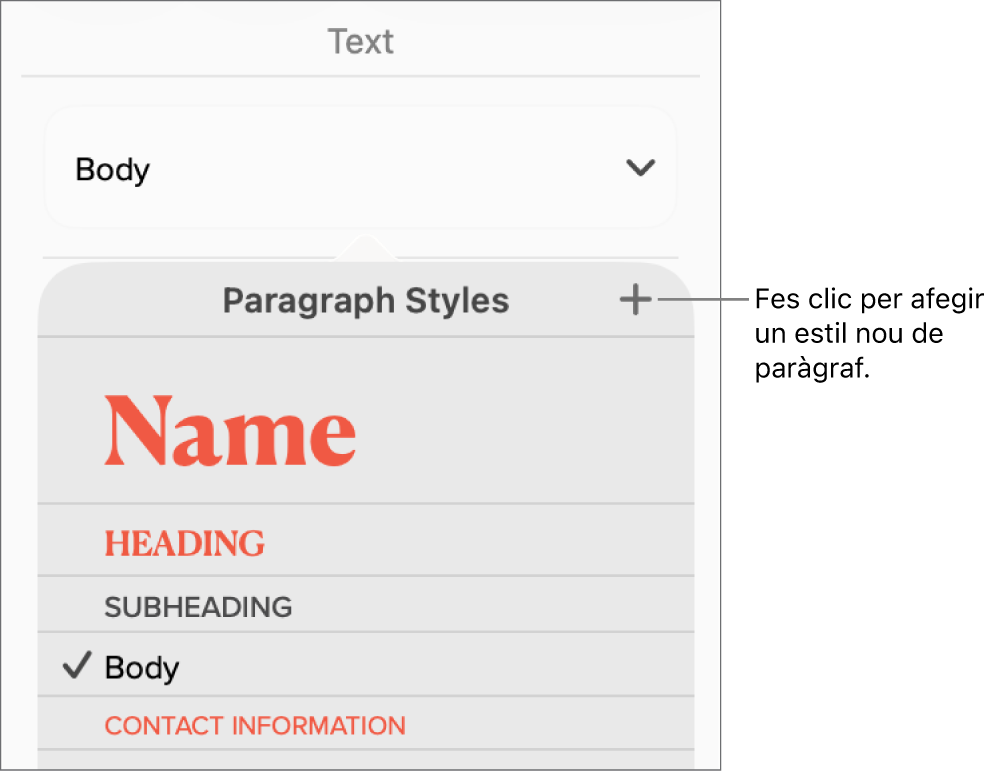El menú “Estils de paràgraf” amb una llegenda per al botó “Nou estil”.