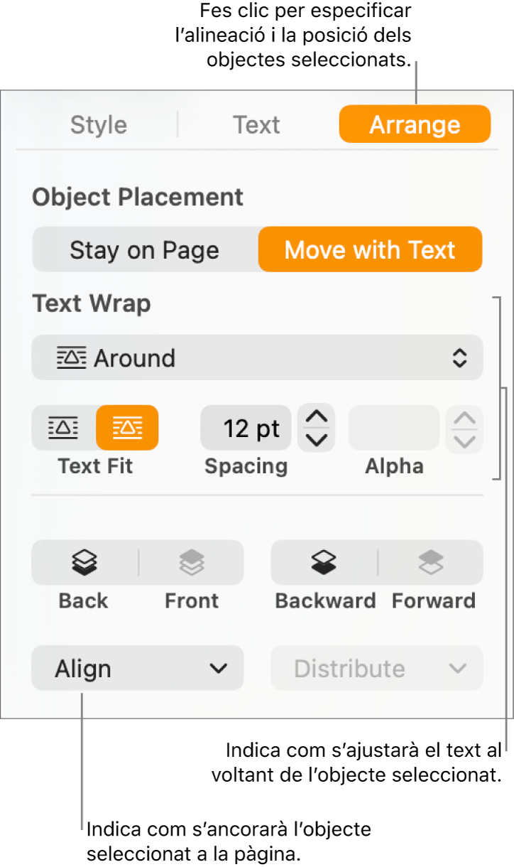 El menú Format, en què es mostra la barra lateral Disposició. Les opcions de “Posició de l’objecte” es mostren a la part superior de la barra lateral “Disposició”, amb les opcions d’“Ajusta el text” a sota.