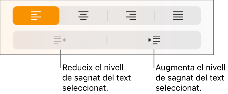 Botons per moure els paràgrafs cap a l’esquerra i la dreta.