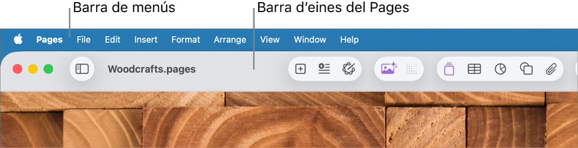 La barra de menú a la part superior de la pantalla amb els menús “Apple”, “Pages”, “Arxiu”, “Edita”, “Insereix”, “Format”, “Ordena”, “Mostra”, “Finestra” i “Ajuda”. A sota de la barra de comentaris hi ha obert un document del Pages amb els botons de barra d’eines “Mostra”, “Zoom”, “Afegeix una pàgina”, “Insereix”, “Taula”, “Gràfic”, “Text”, “Forma”, “Multimèdia”, “Comentari”, “Comparteix” i “Format” a la part superior.