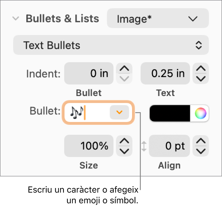La secció “Vinyetes i llistes” de la barra lateral Format. El camp Vinyeta amb un emoji de flor.