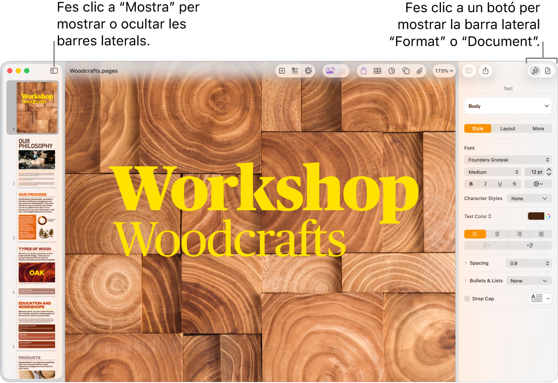 La finestra del Pages, amb llegendes per al botó del menú “Mostra” i els botons “Format” i “Document” de la barra d’eines. Barres laterals obertes a l’esquerra i la dreta.