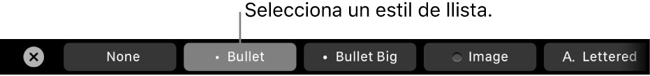 La Touch Bar del MacBook Pro amb controls per seleccionar un estil de llista.