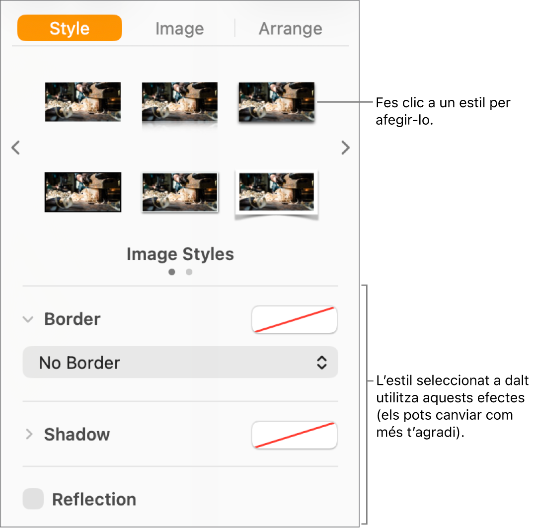 La pestanya Estil de la barra lateral Format, que mostra opcions d’estil d’objecte.