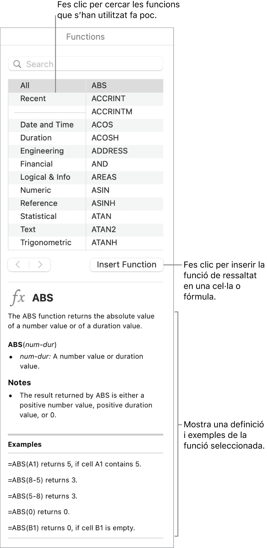 Explorador de funcions amb llegendes a funcions utilitzades recentment, botó “Insereix una funció” i definició de la funció
