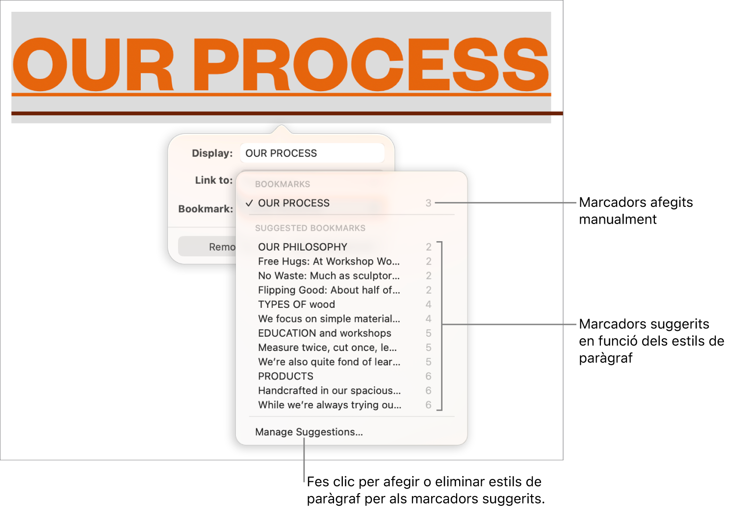 La llista de marcadors amb els marcadors afegits manualment a la part superior i els marcadors suggerits a la part inferior. L’opció “Gestiona els suggeriments” és a la part inferior.