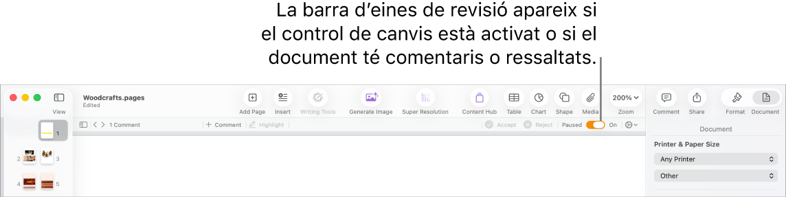 La barra d’eines del Pages amb el control de canvis activat i, a sota, la barra d’eines de revisió.