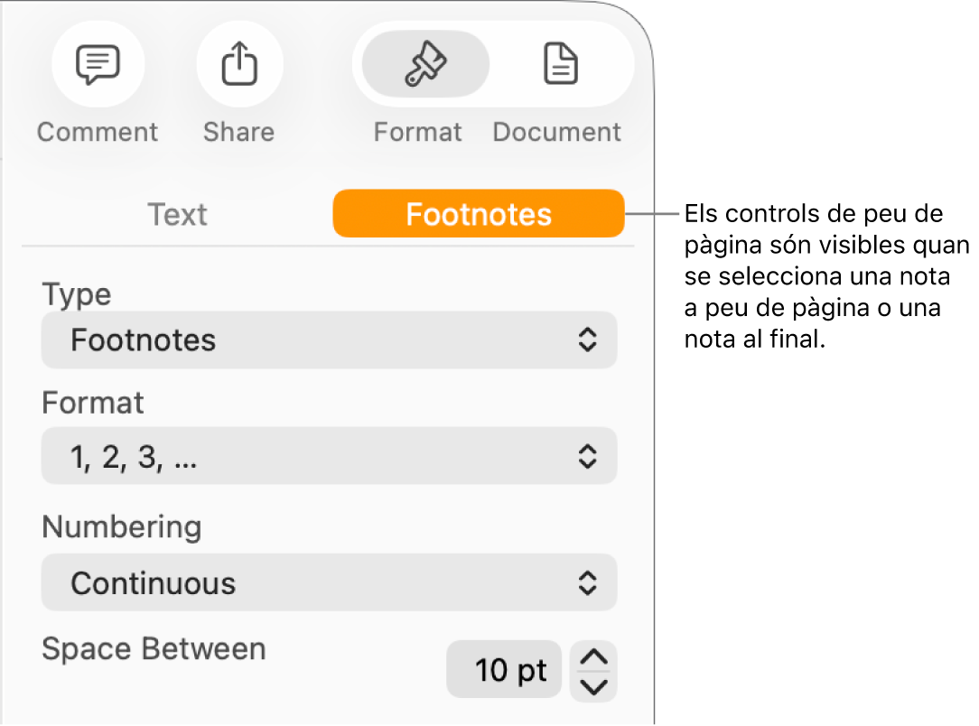 El tauler “Notes a peu de pàgina”, que mostra els menús desplegables Tipus, Format i Numeració i l’espai entre les notes.