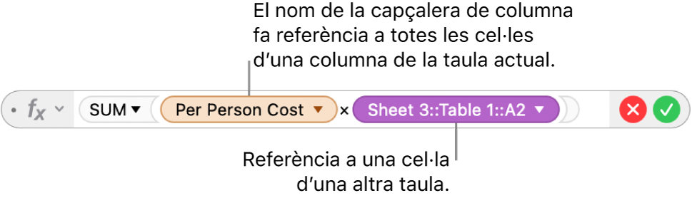 L’editor de fórmules, que mostra una fórmula que fa referència a una columna d’una taula i a una cel·la d’una altra taula.