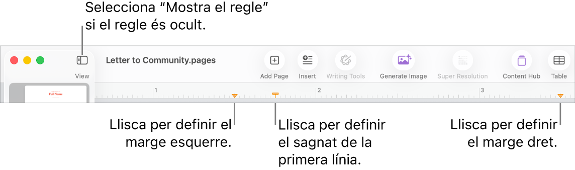 El regle, amb el control del marge esquerre i el control de sagnat de la primera línia.