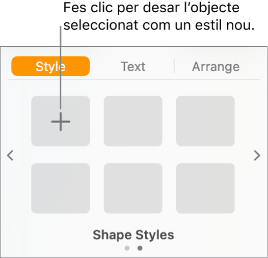 La pestanya “Estil” de la barra lateral “Format”, amb el botó “Crea un estil” a l’angle superior esquerre i cinc marcadors de posició d’estil buits.