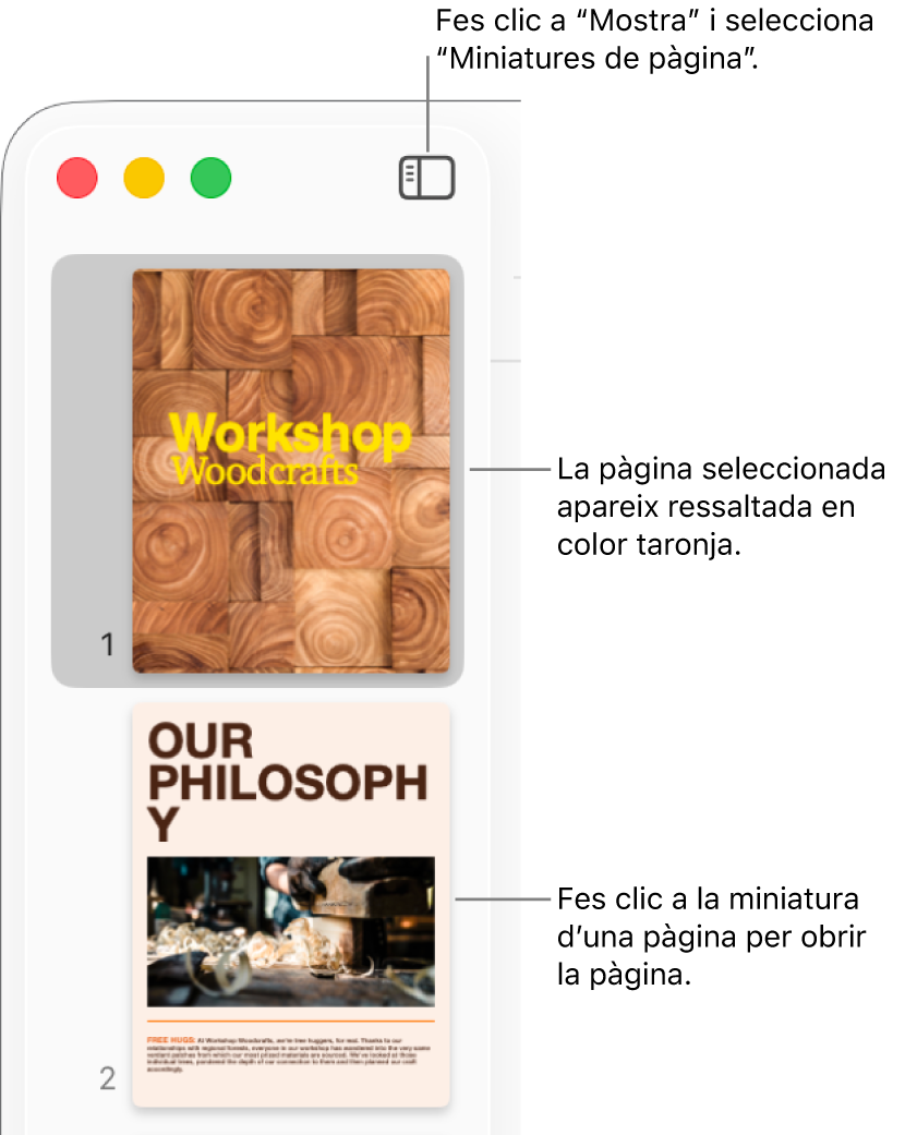 La barra lateral a la part esquerra de la finestra del Pages amb la vista “Miniatures de pàgina” oberta i una pàgina seleccionada que es mostra destacada en color taronja fosc.