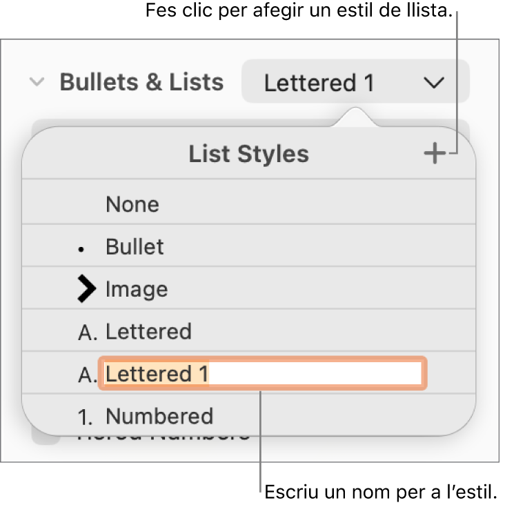 El menú emergent “Estils de llista”, amb un botó “Afegeix” a l’angle superior dret i un nom d’estil de marcador de posició amb el seu text seleccionat.