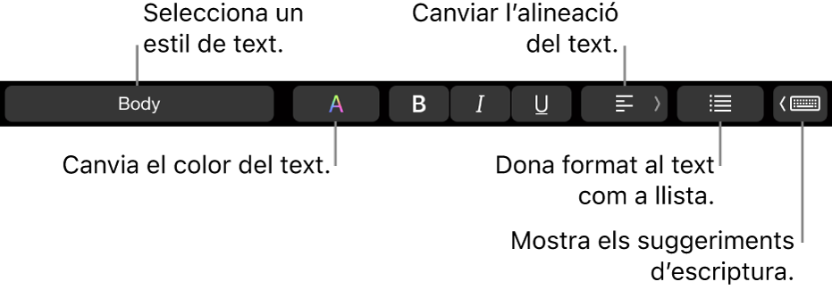 La Touch Bar del MacBook Pro amb controls per seleccionar l’estil del text, canviar-ne el color i l’alineació, aplicar-hi un format de llista i mostrar suggeriments d’escriptura.
