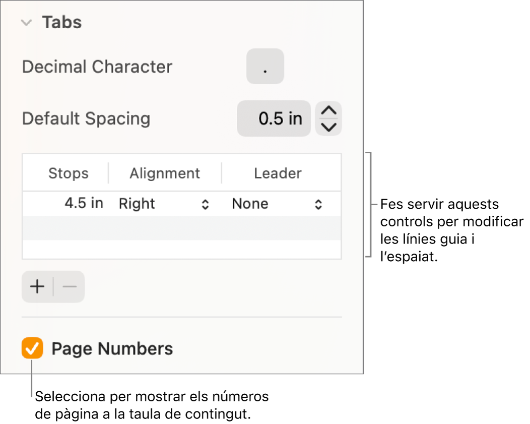 La secció Pestanyes de la barra lateral Format. A sota d’“Espai per omissió” hi ha una taula amb les columnes Tabuladors, Alineació i Guia. A sota de la taula apareix la casella de selecció “Números de pàgina” seleccionada.