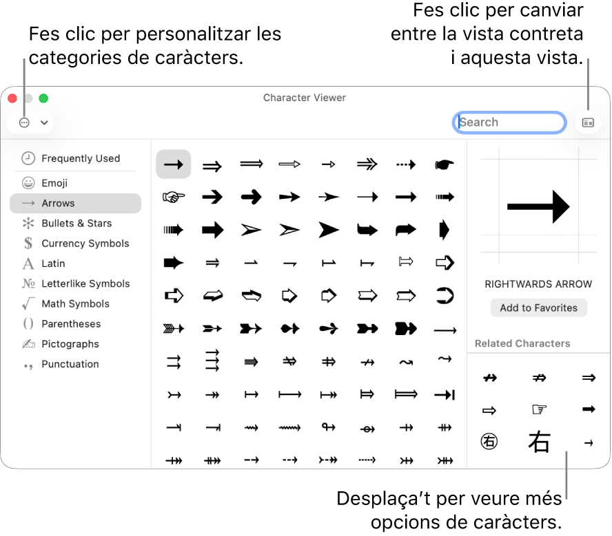 El visor de caràcters ampliat, amb caràcters i símbols especials, un menú amb les diferents categories de símbols a l’esquerra i un botó a l’angle superior dret per tornar a la vista contreta.