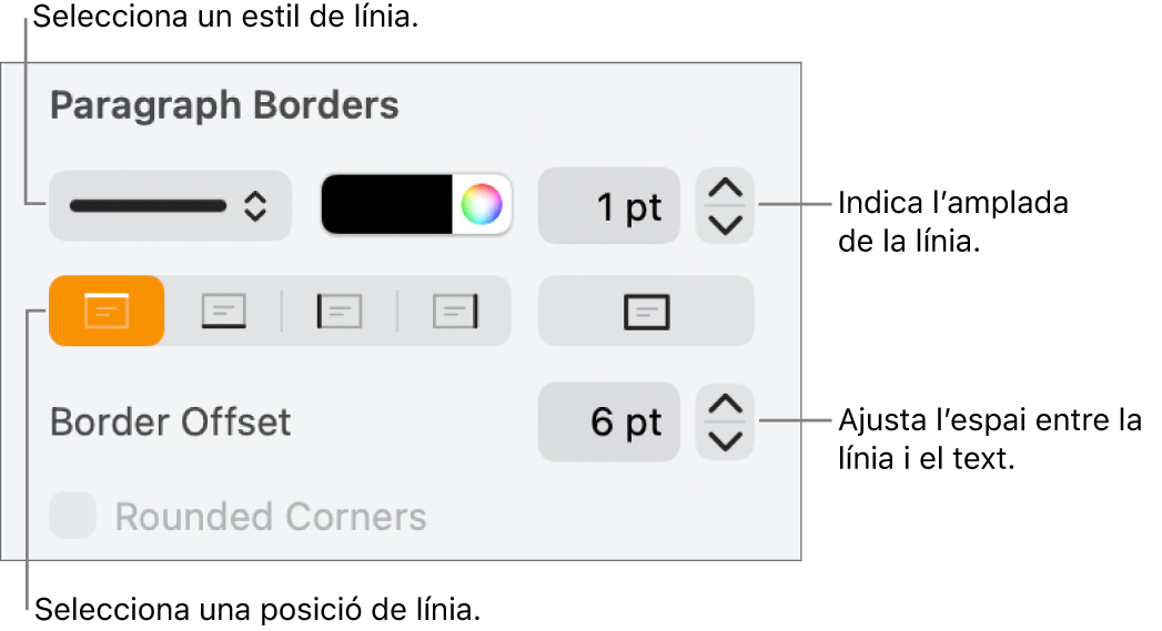 Controls per canviar l’estil, el gruix, la posició i el color de la línia.