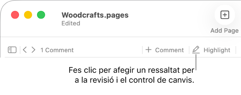 La barra de menús, que mostra el menú “Insereix”, i, a sota, la barra d’eines del Pages amb les eines de revisió visibles i una referència al botó “Ressalta”.
