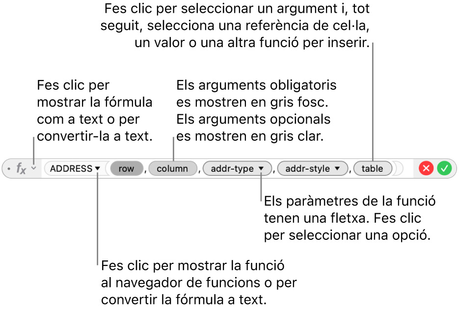 L’editor de fórmules, que mostra la funció ADREÇA i els testimonis d’argument corresponents.