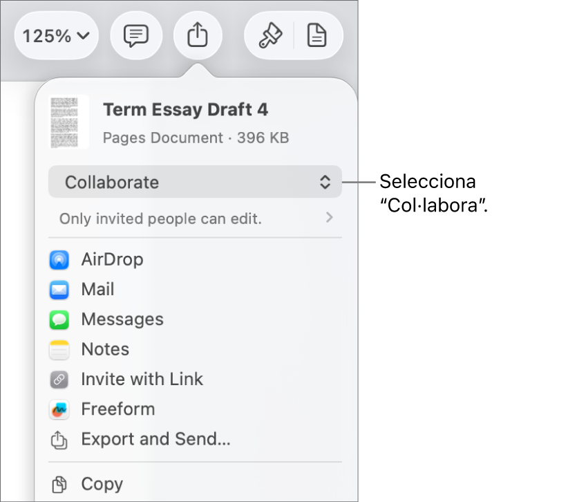 Menú “Comparteix” amb l’opció “Col·labora” seleccionada a la part superior i la configuració dels permisos a sota.