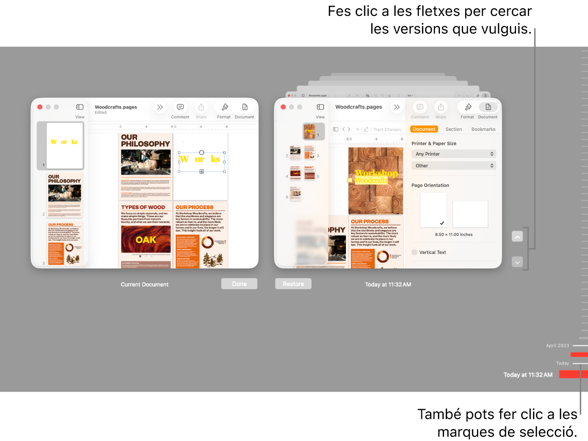 La línia de temps de versions, que mostra el document actual a l’esquerra i una versió recent a la dreta.