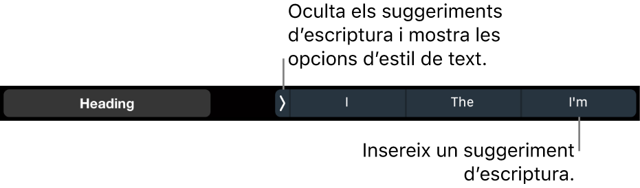 La Touch Bar del MacBook Pro amb controls per seleccionar l’estil de text, ocultar els suggeriments d’escriptura i inserir-ne.
