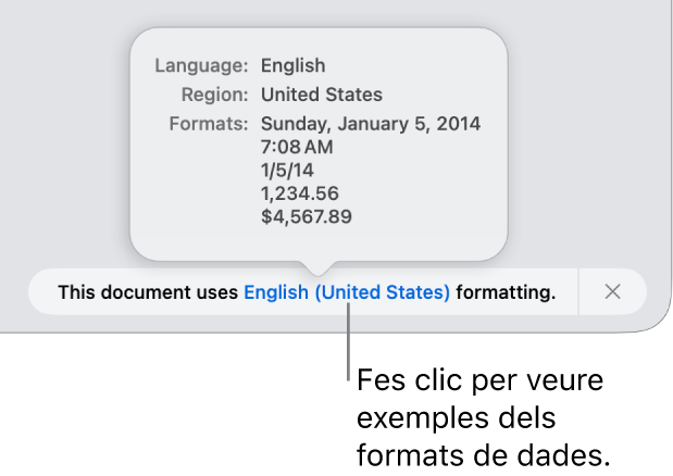 La notificació de la diferència de configuració d’idioma i regió, amb exemples del format d’aquell idioma i regió.
