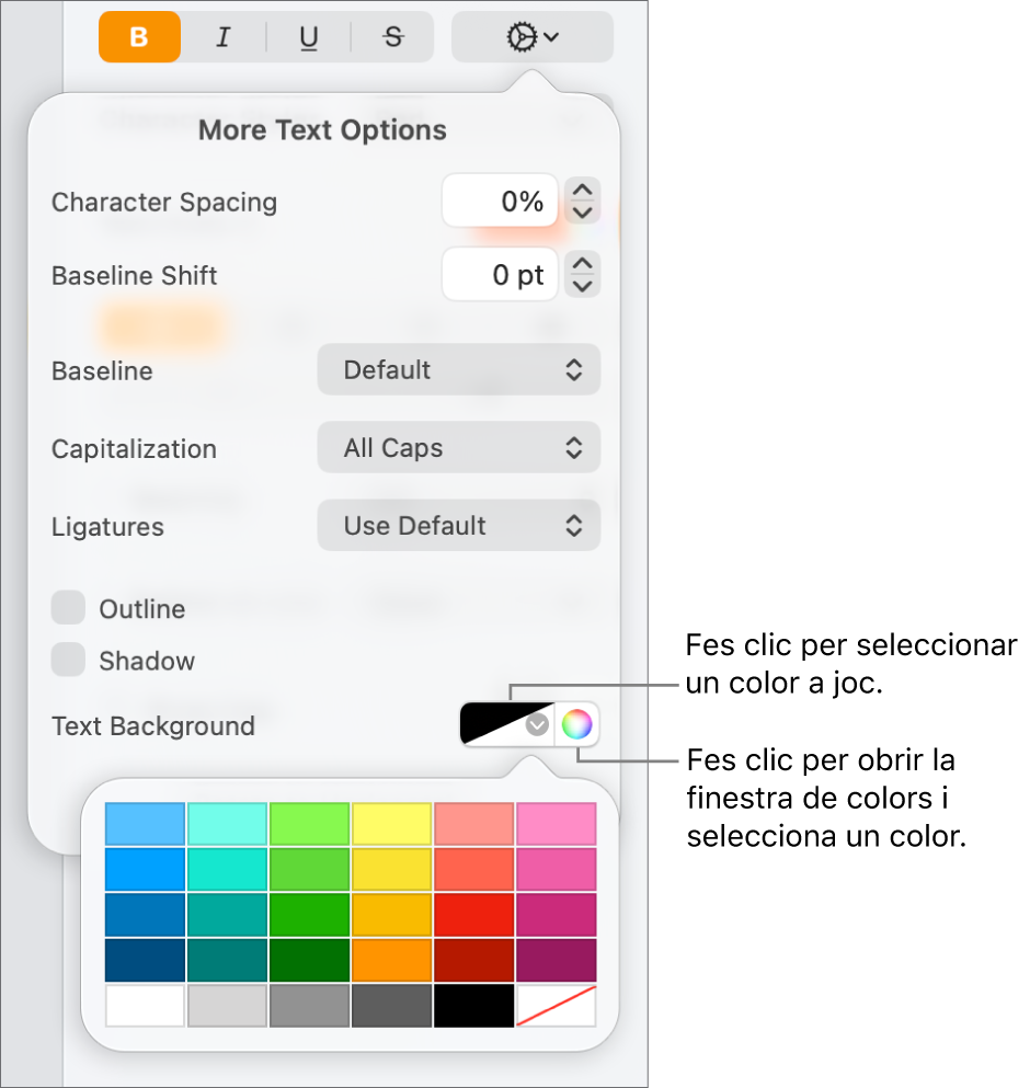 Controls per seleccionar un color de fons per al text.