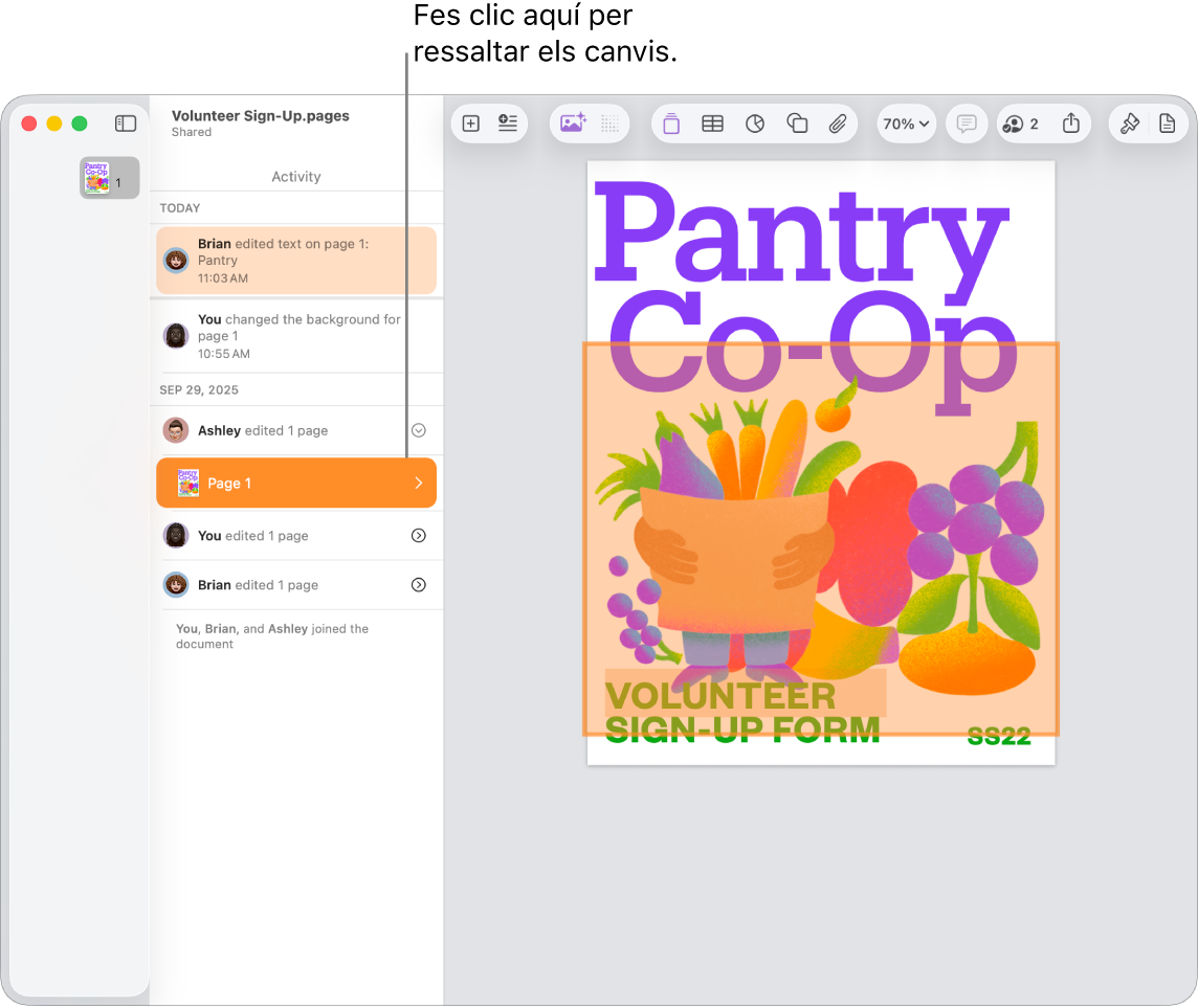 Document col·laboratiu amb el menú de col·laboració i la llista d’activitat oberts.