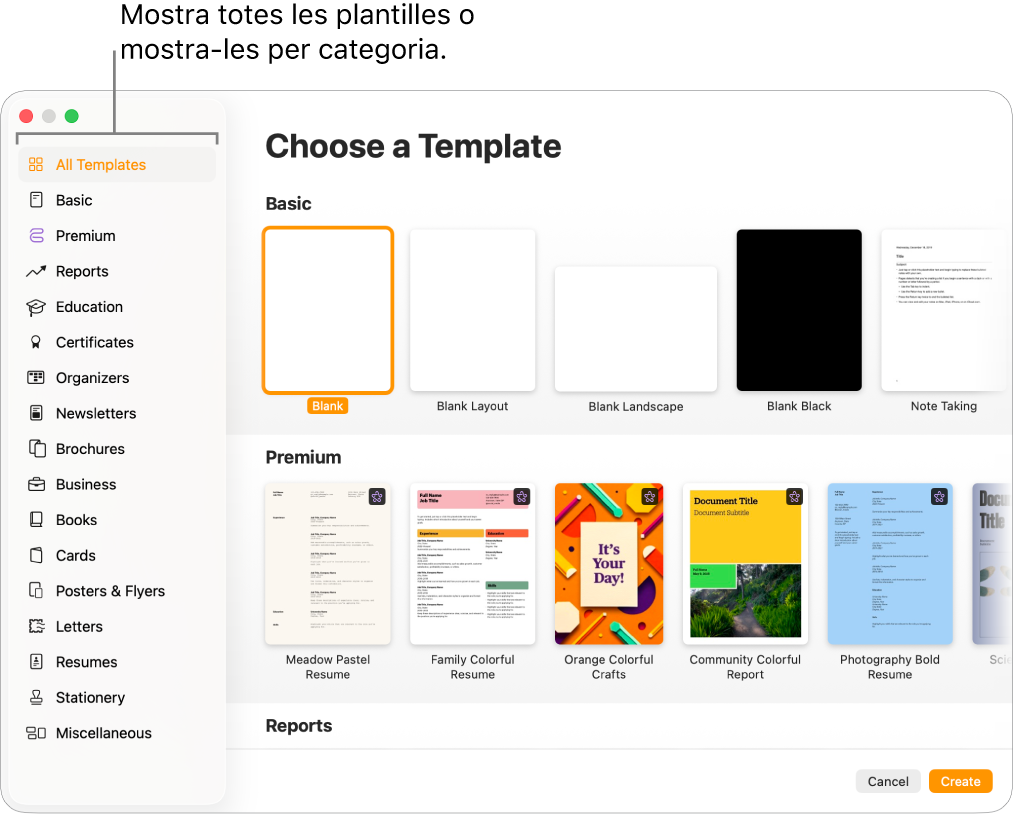 El selector de plantilles. Barra lateral a l’esquerra que mostra la llista de categories de plantilles que pots clicar per filtrar opcions. A la dreta hi ha miniatures de plantilles predissenyades ordenades en files per categoria: la primera, a la part superior, és Bàsiques, seguida per Informes i Llibres (en vertical). Es mostren els menús desplegables “Idioma i regió” a l’angle inferior esquerre i els botons “Cancel·la” i “Crea” a l’angle inferior dret.