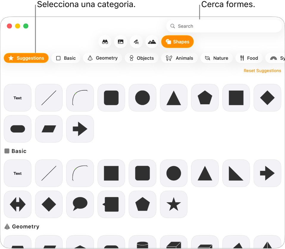 La biblioteca de formes, amb categories a l’esquerra i les formes a la dreta. Pots utilitzar el camp de cerca situat a la part superior per trobar formes i desplaçar‑te per veure’n més.