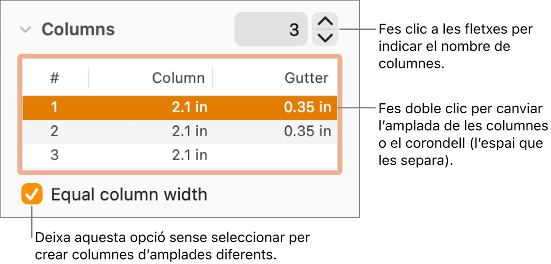Tauler Disposició de l’inspector de format, amb els controls de les columnes.