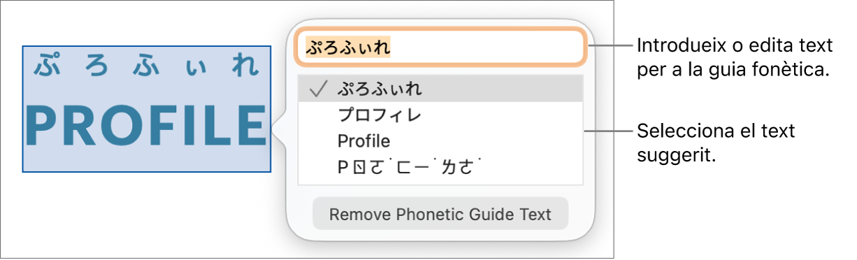 La guia fonètica, oberta per a una paraula, amb llegendes per al camp de text i el text suggerit.