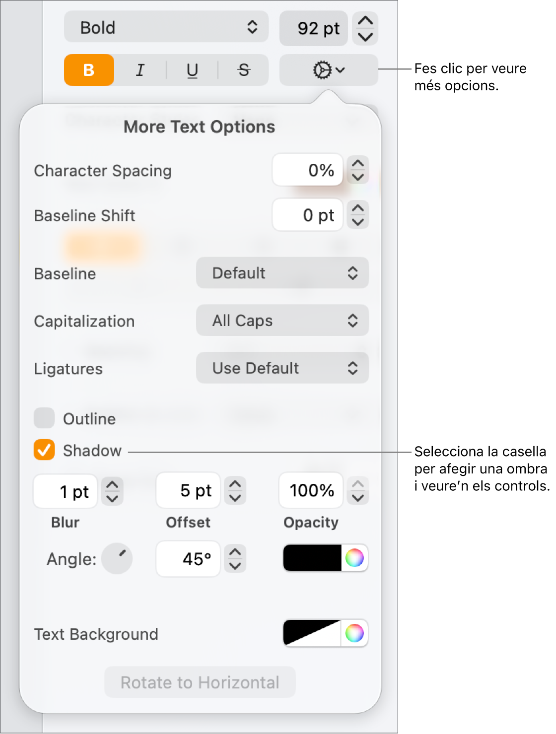 Menú “Opcions avançades” obert amb la casella Ombres marcada i controls per ajustar-ne el difuminat, el desplaçament, l’opacitat, l’angle i el color.