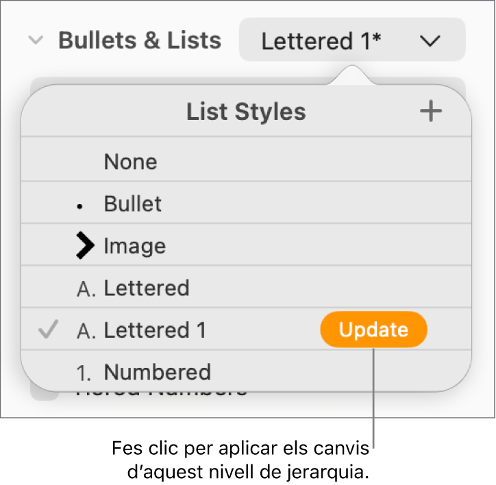 El menú emergent “Estils de llista”, amb un botó “Actualitza” al costat del nom del nou estil.